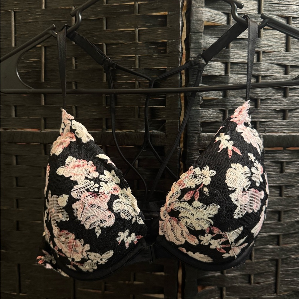 PINK Victoria's Secret Black Bra with Pink and White Floral Design